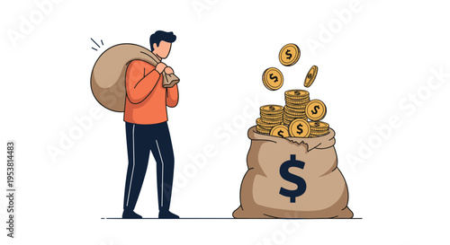 Concept of wealth accumulation featuring a man carrying a heavy sack of gold coins to add to a massive bag overflowing with money and dollar sign.