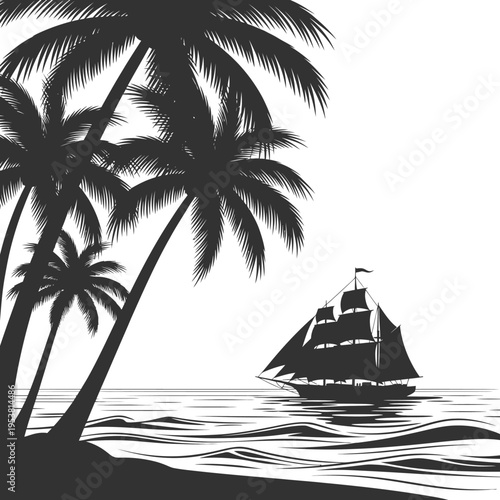 Vintage Sailboat on Ocean Waves Under Palm Trees Silhouette, Tropical Beach Scene