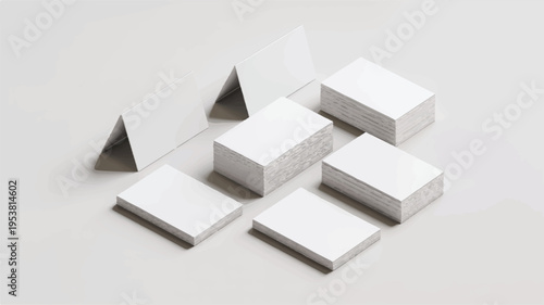 Stack of blank white business cards and triangular prisms on a light grey background, minimalist, copy space