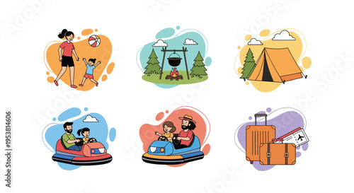 Diverse collection of vacation icons featuring family activities, camping equipment, amusement park bumper cars, and travel luggage with tickets.