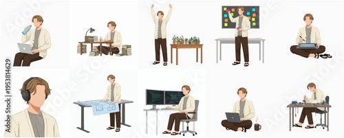 Minimalist Illustration Set of Young Man Doing Different Activities at Home