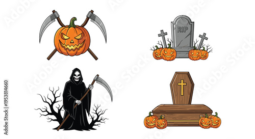 Spooky Halloween themed illustrations featuring a carved jack-o-lantern with scythes, a haunted graveyard, the Grim Reaper, and a wooden coffin.