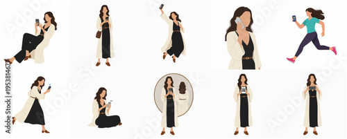 Flat Style Isolated Various Activities of Woman Poses with Phone Illustration