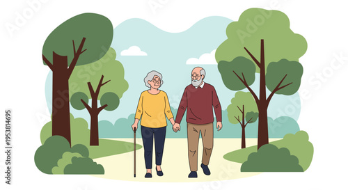 Senior couple holding hands while walking through a serene green park with lush trees and bushes on a sunny day.