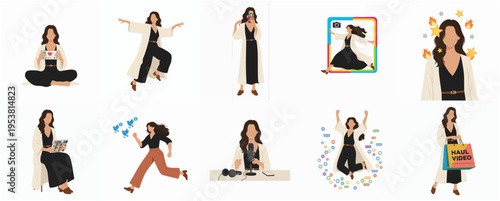Flat Illustration Woman in Various Poses and Activities Character Set
