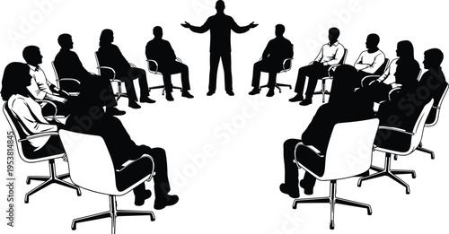 Black and white silhouette illustration of group seated in circular arrangement with leader presenting, symbolizing teamwork, leadership, communication, seminar, business meeting, and 