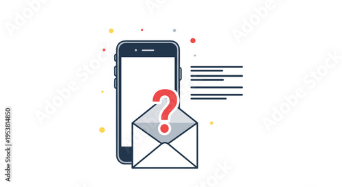 Mobile communication support concept showing a smartphone with an open email envelope and a large red question mark icon.