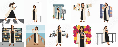 Flat Style Young Woman Posing with Smartphone in Different Situations Set