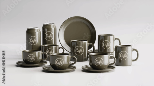 Group of dark green cafe branded cups, mugs, cans, and plate with coffee theme, hot drink