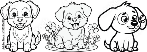 Cute dog coloring book page for kids with three playful puppies