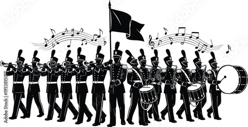 Black and white silhouette illustration of marching band in uniform playing musical instruments, performing parade procession with synchronized motion, teamwork, discipline, and musical 