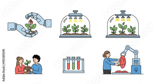 Set of modern agricultural technology icons showing plant growth in labs, robotic hands, and meat cultivation processes.