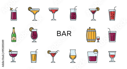 Comprehensive set of bar drink icons including cocktails, wine, champagne, and beer presented in various glassware styles.