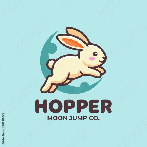 A joyful bunny leaping across a crescent moon, portraying a sense of playfulness and magic, fantastic for brands related to children's activities and playful endeavors.
