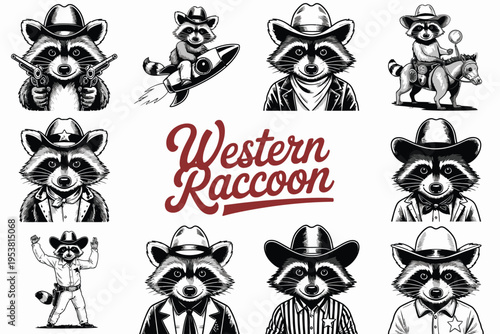 Black and white of raccoons in cowboy hats western