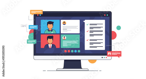 Video conferencing interface on a computer monitor with multiple participant windows and shared document collaboration.