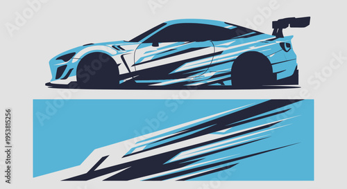 Blue and White Racing Sports Car Illustration with Dynamic Stripes and Wing.