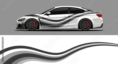 Sleek silver sports car in dynamic side profile with abstract wave graphics and modern styling.