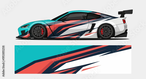 Vibrant abstract racecar illustration featuring bold graphic livery and dynamic sideview art.