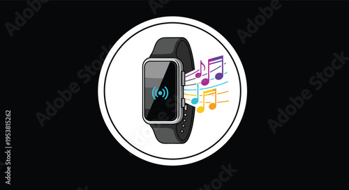 Modern smartwatch technology featuring music streaming capabilities with colorful musical notes floating from the screen.
