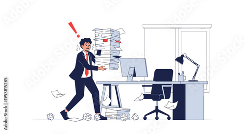 Stressed businessman struggling to carry a massive stack of paperwork in a messy office environment with papers flying around.