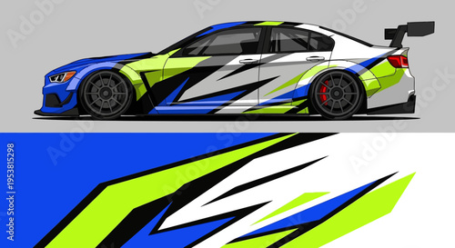 Colorful racecar with blue, green, and white livery exhibiting dynamic aerodynamic design.