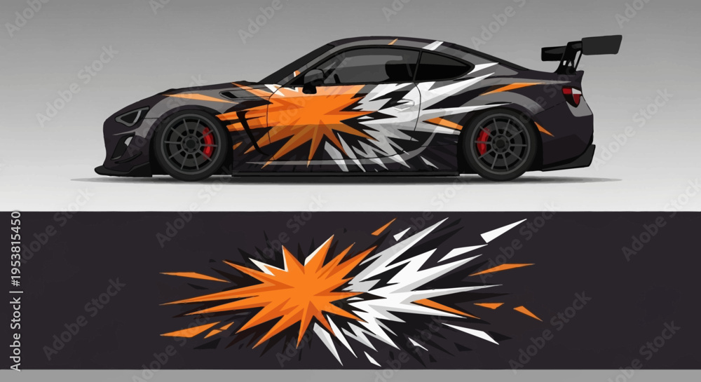Fototapeta premium High speed race car with vibrant orange and white splash livery and aerodynamic design.