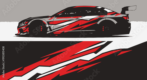 Stylized red and black race car illustration on a dynamic track.