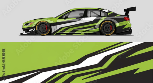 Side view of a lime green race car with bold black and white graphics and aerodynamic design.