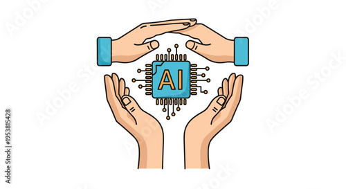 Ethical artificial intelligence protection concept with human hands surrounding a high-tech AI microchip processor unit.