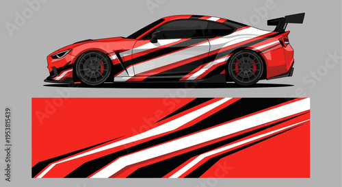 Vibrant red sports car with bold stripes and sleek aerodynamic design on display.
