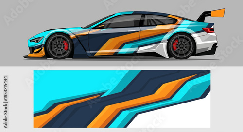 Dynamic racecar with bold colorful livery and futuristic angular graphics.