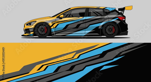 Sleek blue and yellow racecar speeding along a dynamic race track with bold graphics.