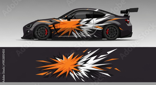 High speed race car with vibrant orange and white splash livery and aerodynamic design.