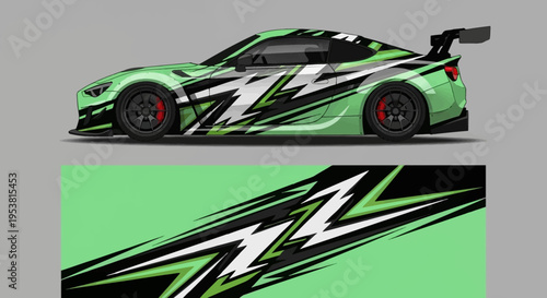 Green sports car with bold black and white zigzag graphics and aerodynamic decals.
