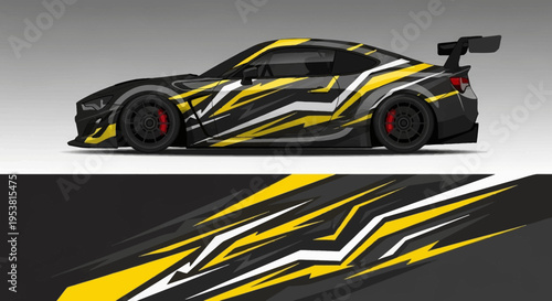 Sleek yellow and black race car with bold graphic livery and aerodynamic spoiler.