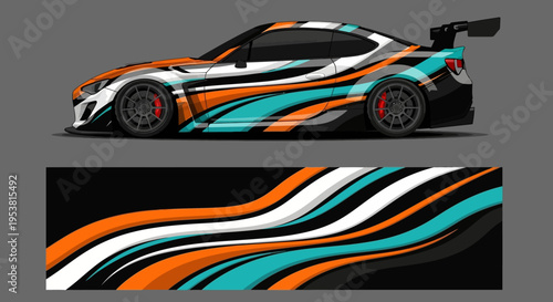 Sport race car with colorful flowing stripe design and abstract graphic showpiece.