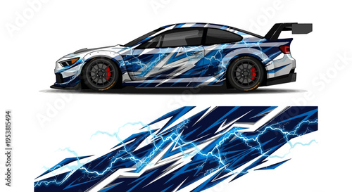 Blue lightning graphic race car design with aerodynamic body and bold streaks.