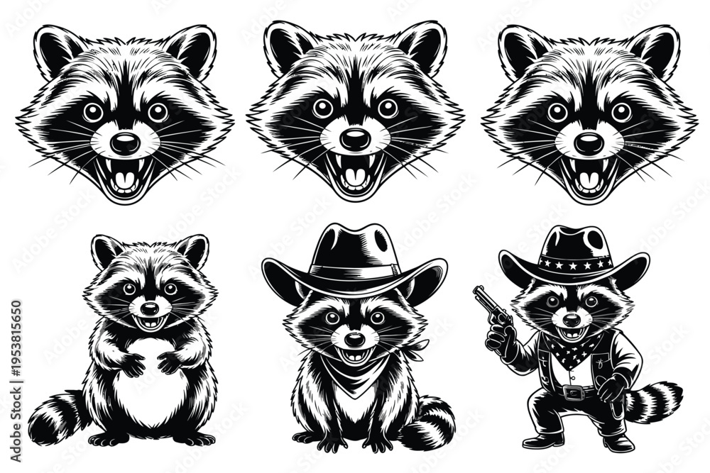 Fototapeta premium Black and white of six cartoon raccoons in different poses