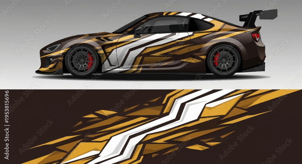 Fototapeta premium Dynamic gold and white racing sports car with bold livery and sleek design.