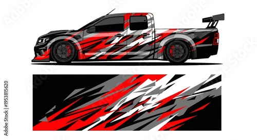 High-contrast red, black and white race truck with bold graphic livery and dynamic stripes.