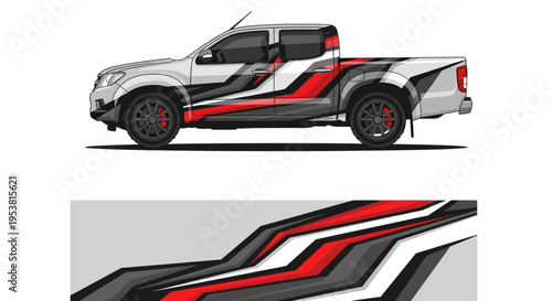 Graphic striped pickup truck design with bold red black white accents.
