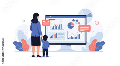 Mother and young child looking at complex business data charts and financial graphs on a large computer monitor.