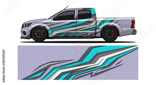 Colorful graphic wrapped pickup truck with teal stripes and modern design elements.