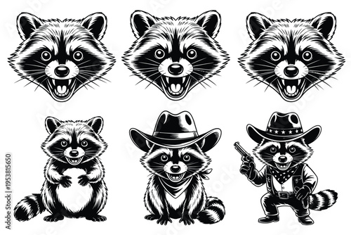 Black and white of six cartoon raccoons in different poses