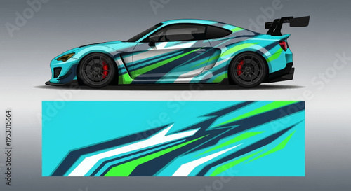 Sleek teal racing car with bold blue and green livery and spoiler.