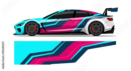 Vibrant race car with teal pink graphics and aerodynamic design.