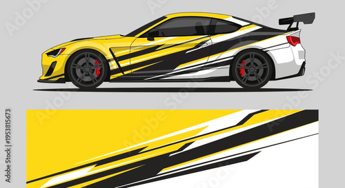 Dynamic Yellow and Black Race Car Graphic Illustration with Stripes.