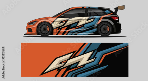 Colorful stylized race car with bold graphic livery and dynamic design.