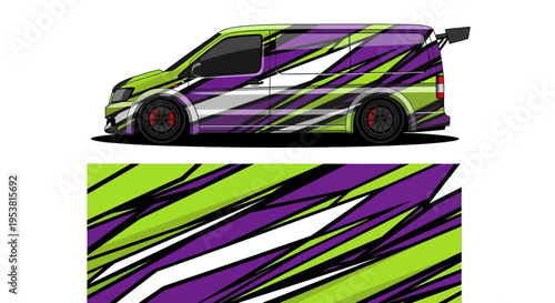 Vibrant custom van with bold purple and lime green abstract stripes.